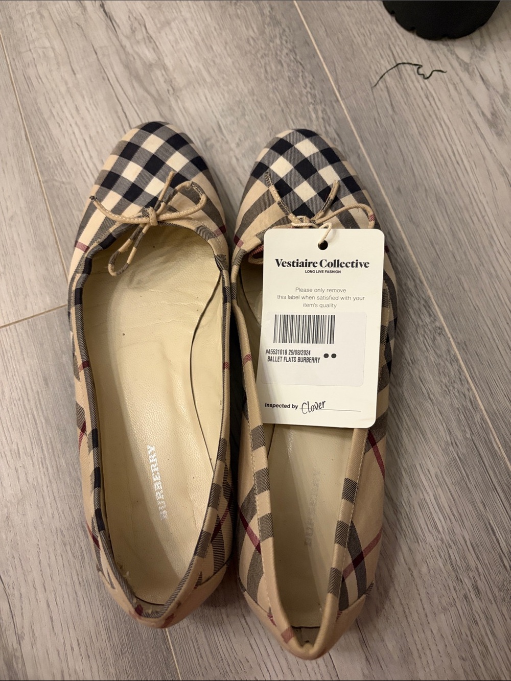 Authentic Burberry Tan Checkpoint Ballet Flats with Bow